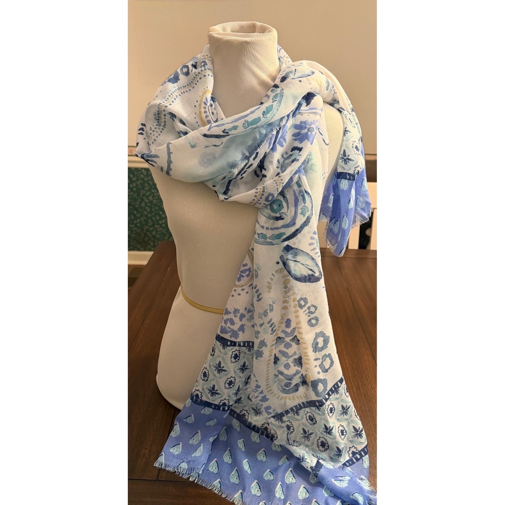 Blue White Paisley Floral Heart Print Scarf Lightweight Frayed Fringe Wrap Shawl